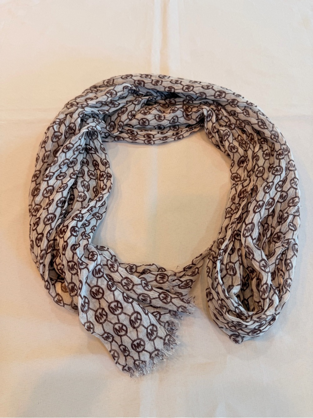 Michael Kors Monogram MK Logo Light Scarf in White and Brown Colorway